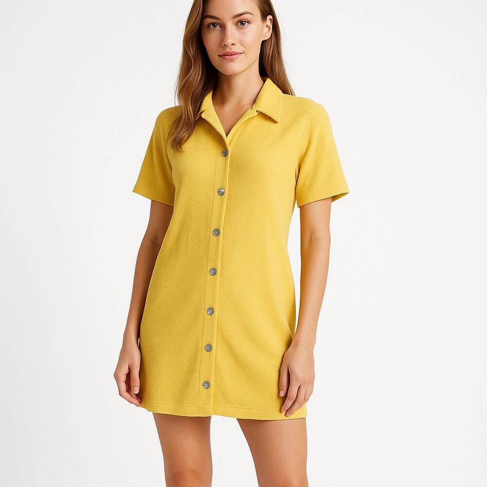 & Other Stories Yellow Button Up Collared Short Sleeve Terry Mini Shirt Dress XS